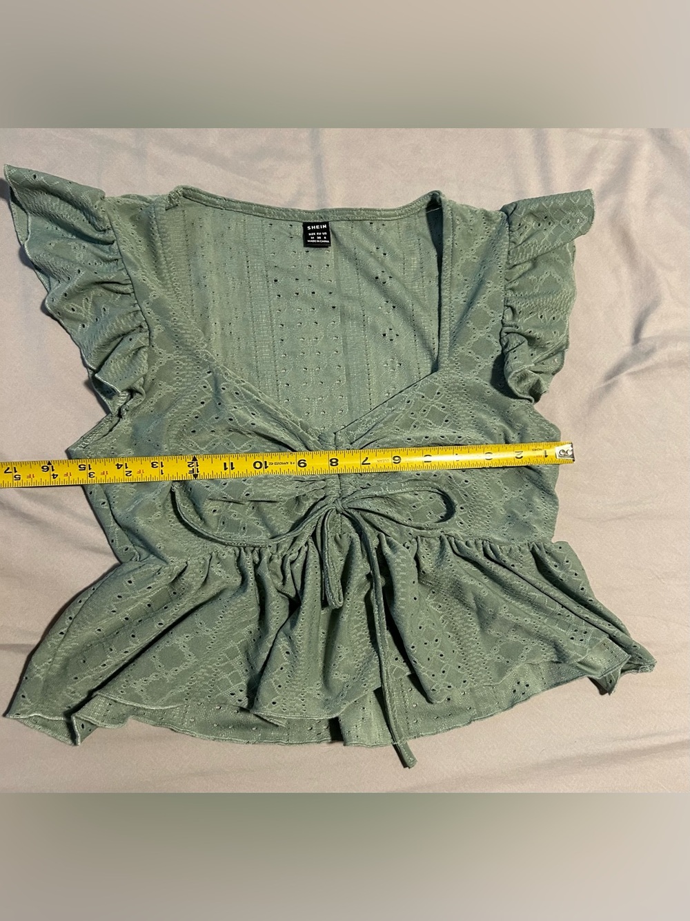 SHEIN Sage Green Eyelet Tie-Front Peplum Blouse- s/m - Picture 3 of 5